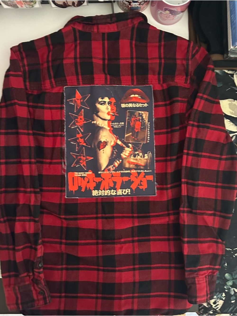 H&M Red and Black Plaid Button-Down Shirt with Graphic Back Patch